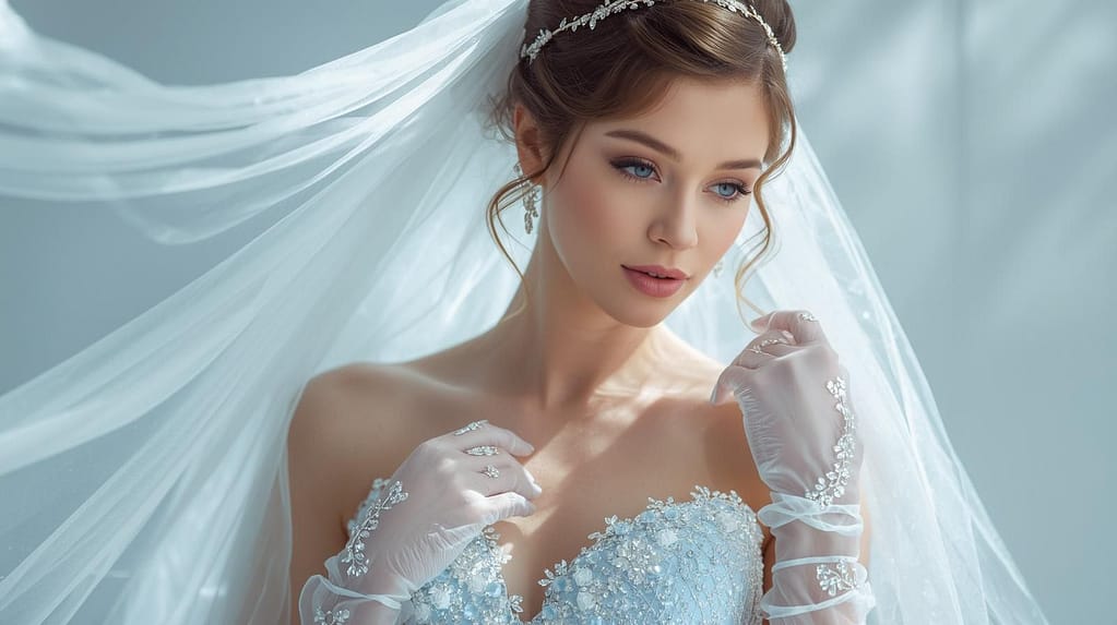 Elegante eisblaue Brautaccessoires mit Schleier, Schmuck, Handschuhen und Brautschuhen für einen romantischen Hochzeitslook.