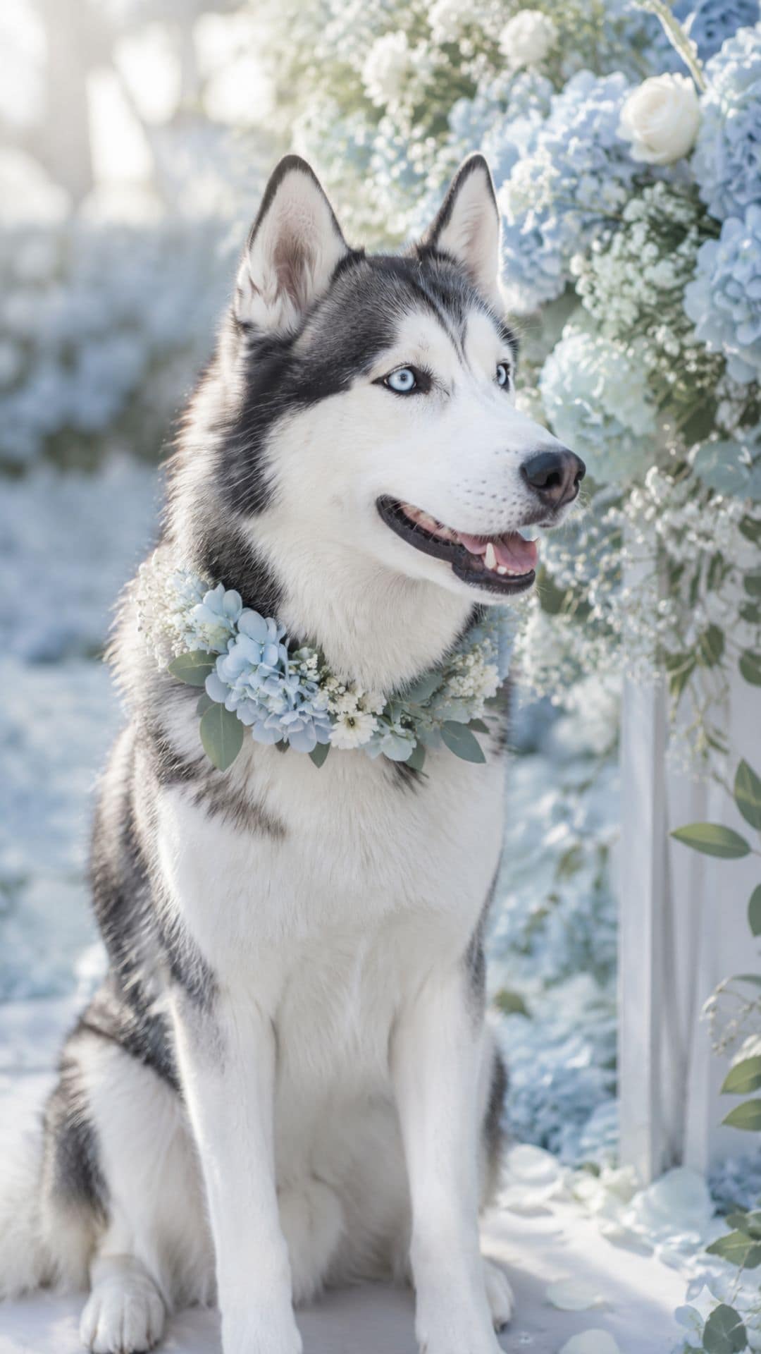 Huskie geschmückt mit eisblauem Blumen Halsband für die Hochzeit