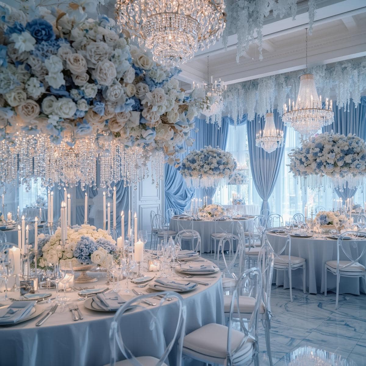 Üppige Blumenarrangements für eine eisblaue Hochzeit