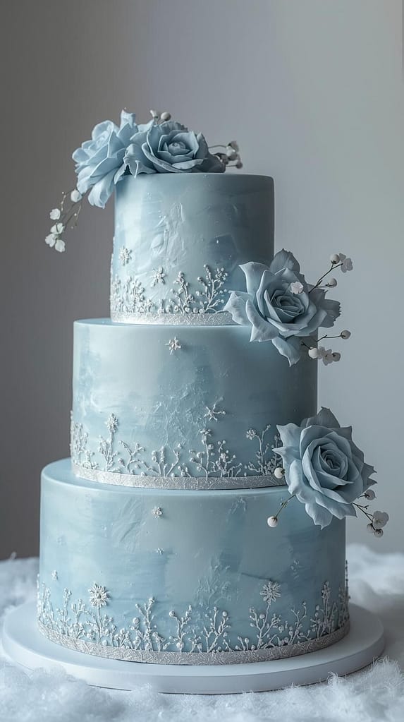 Elegante eisblaue Hochzeitstorte mit Rosen