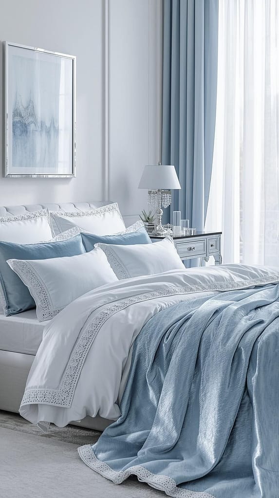 Eisblaues Schlafzimmer mit viel weiß