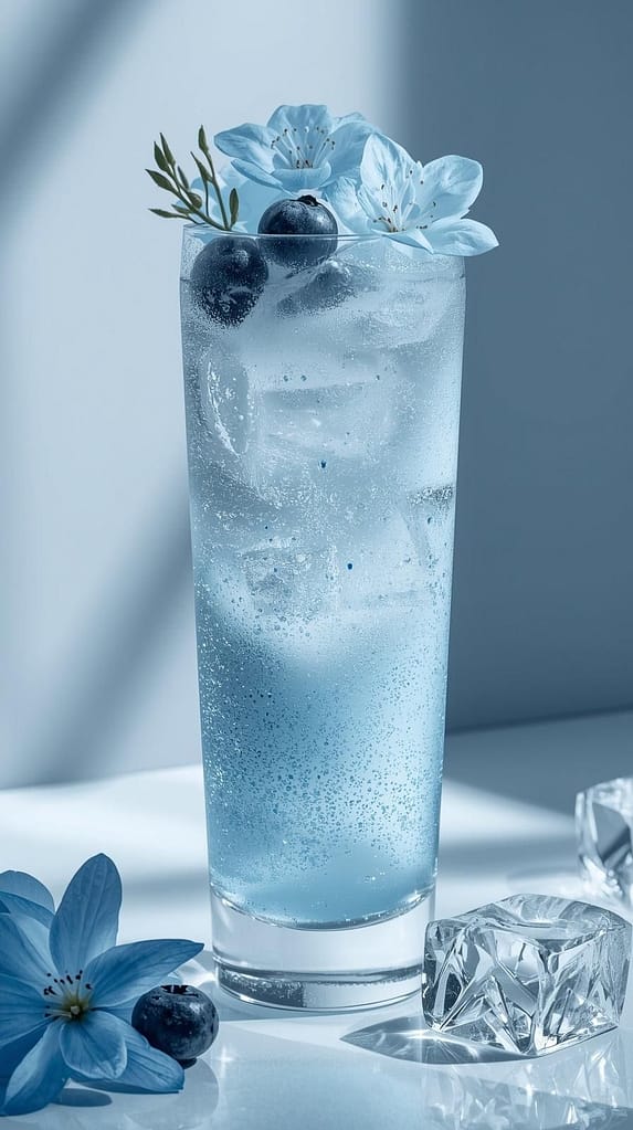 Eisblauer Mocktail with Blaubeeren und Blüten