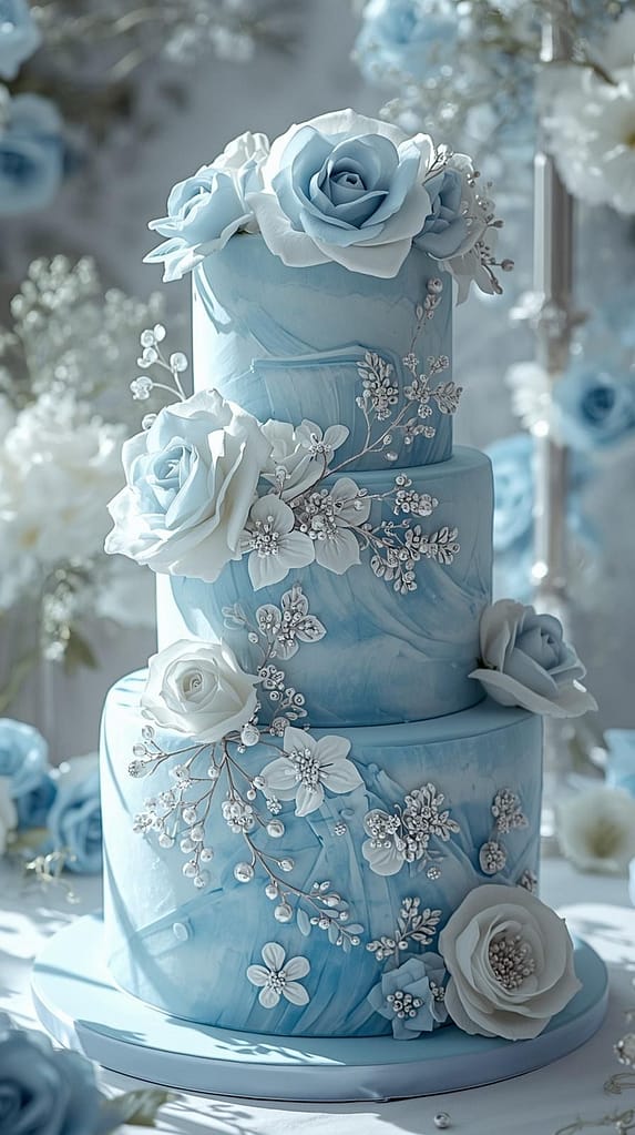 Eisblaue Hochzeitstorte mit floralen Elementen