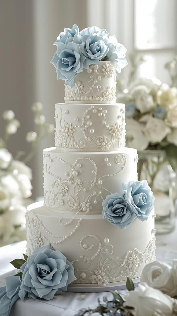 Hochzeitstorte mit eisblauen Rosenblüten