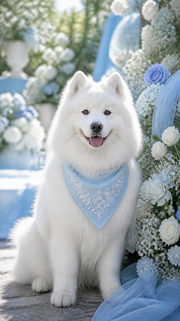 Samojede geschmückt mirt einem eisbaluen Halsband für die Hochzeit