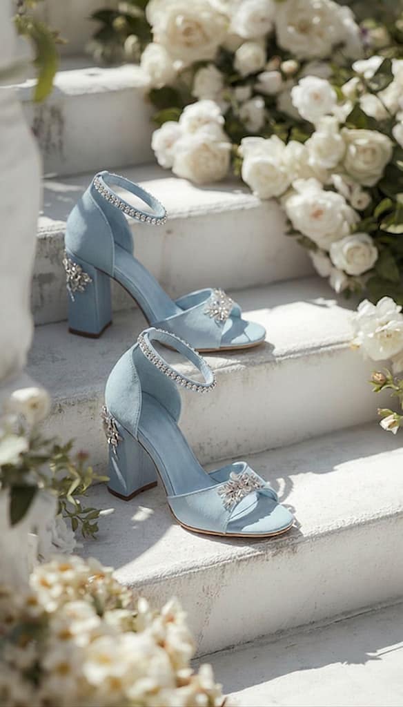 Eisblaue Brautschuhe mit Blockabsatz