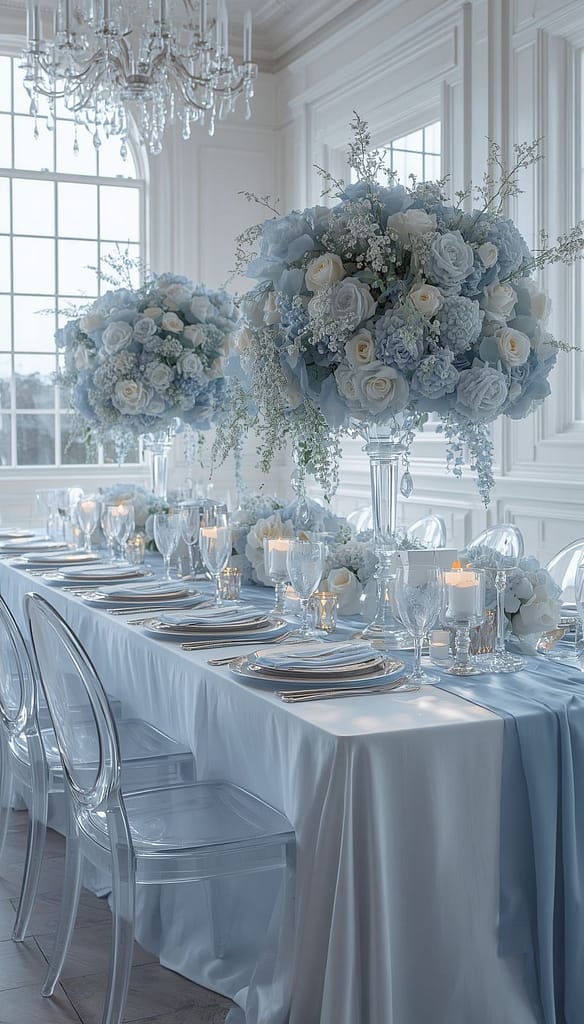 Lange Hochzeitstafel einer eisblauen Hochzeit