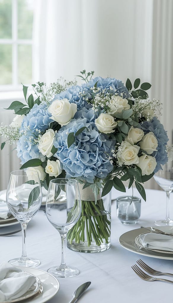 Niedrige Blumendeko für eine eisblaue Hochzeit