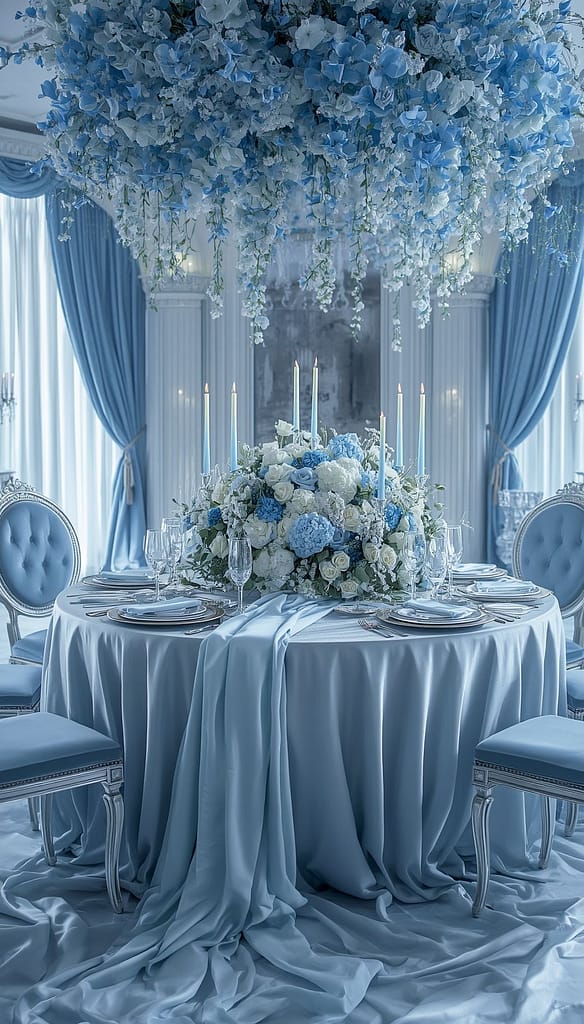 Runden Hochzeitstisch bei einer eisblauen Hochzeit