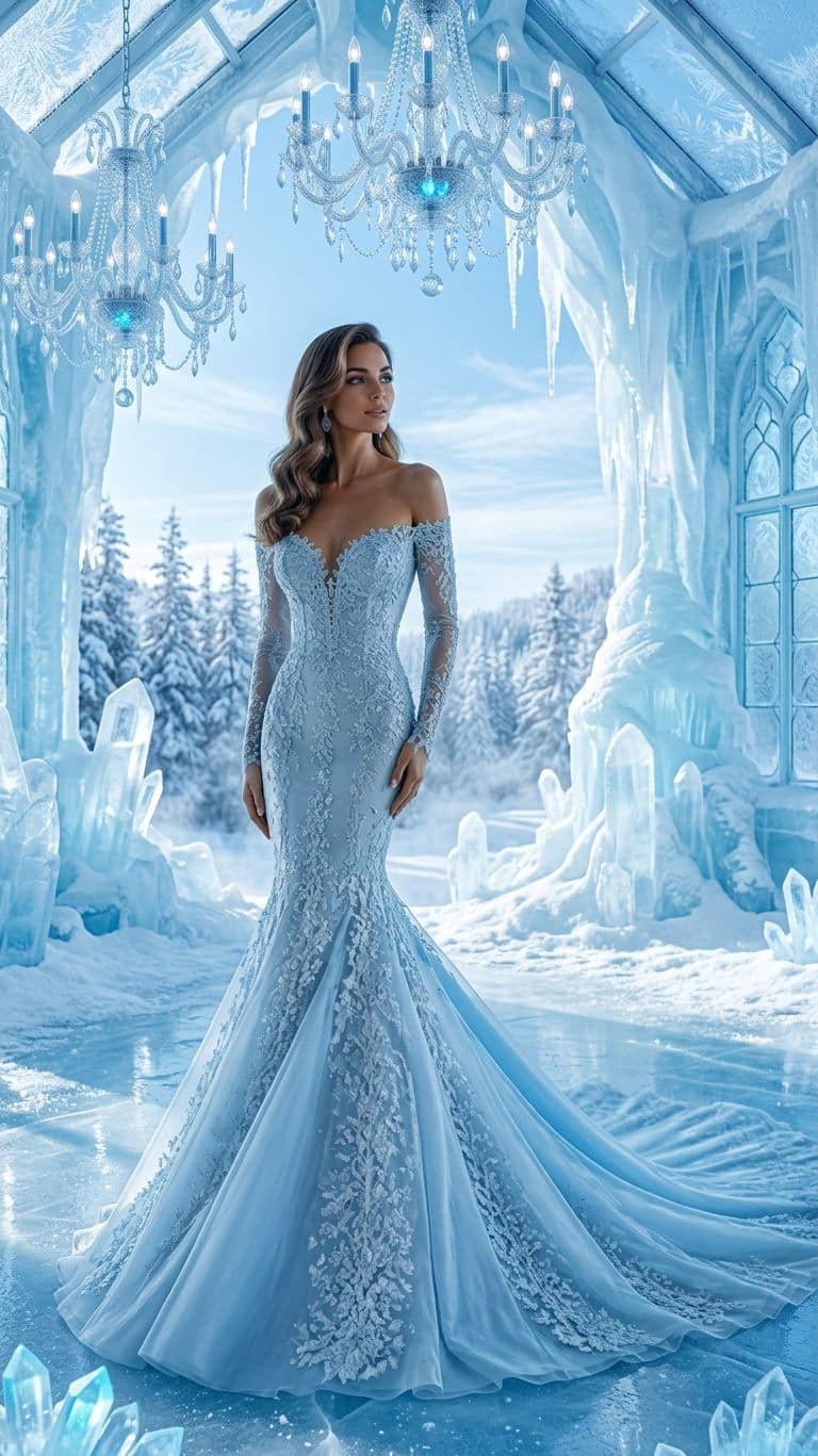 Eisblaues Brautkleid für eine Winterhochzeit