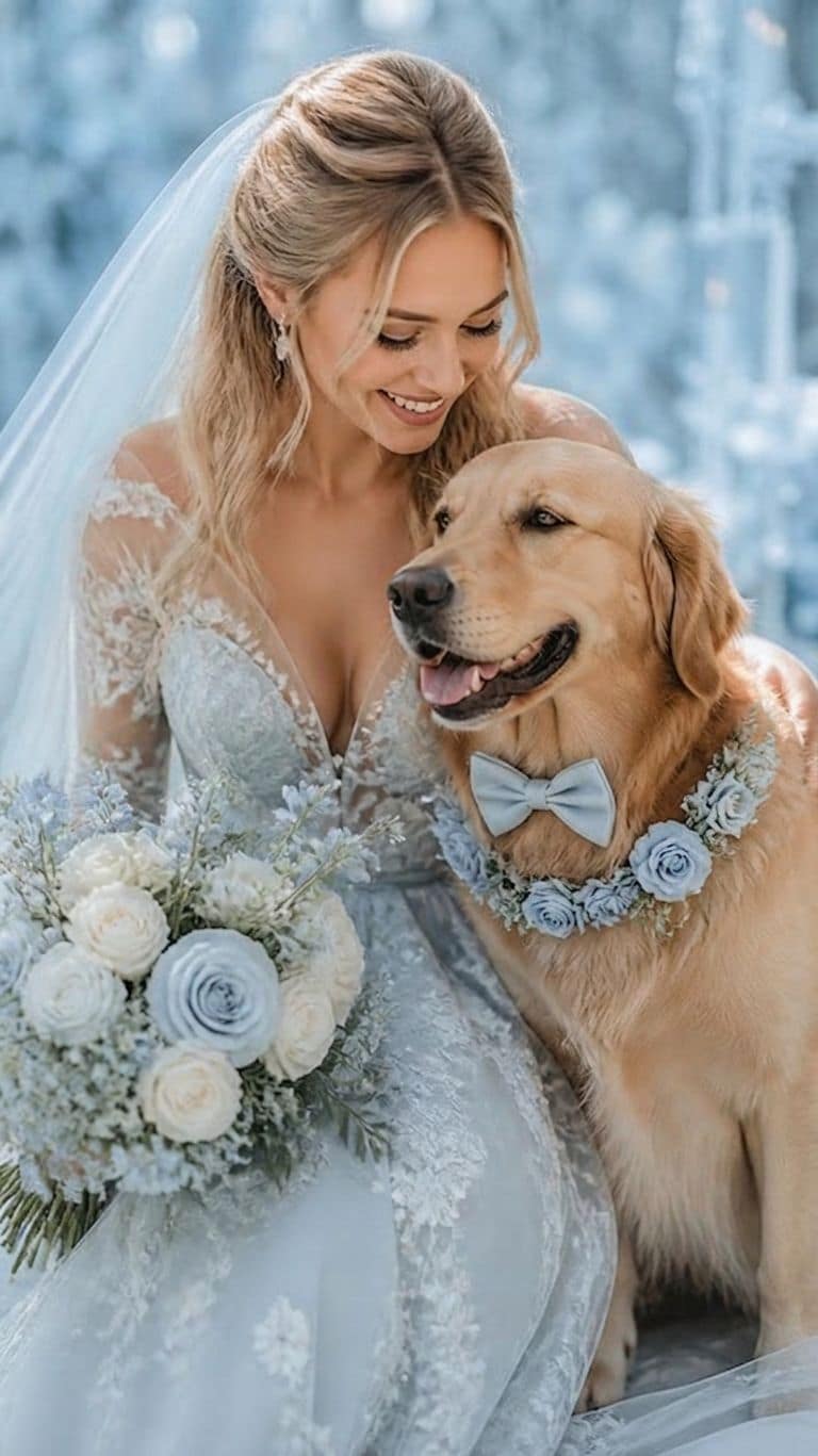 Ton in Ton mit dem Hund - Braut und Haustier eisblau geschmückt für die Hochzeit
