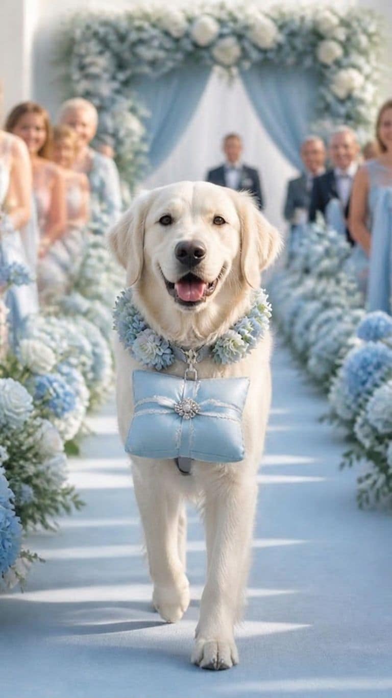 Ein Hund auf einer Hochzeit als Ringträger