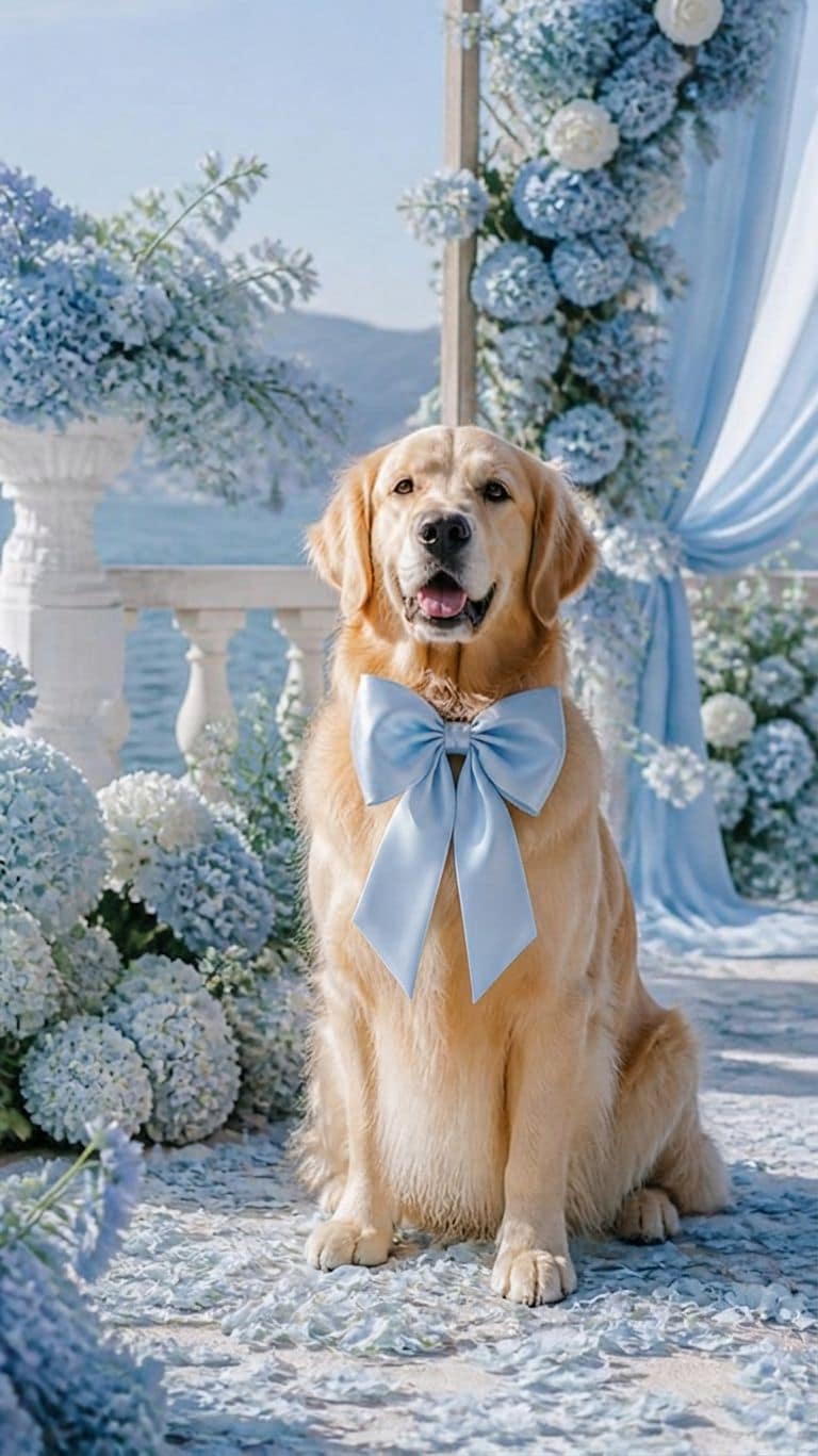 Hochzeitshund mit eisblauer Satinschleife