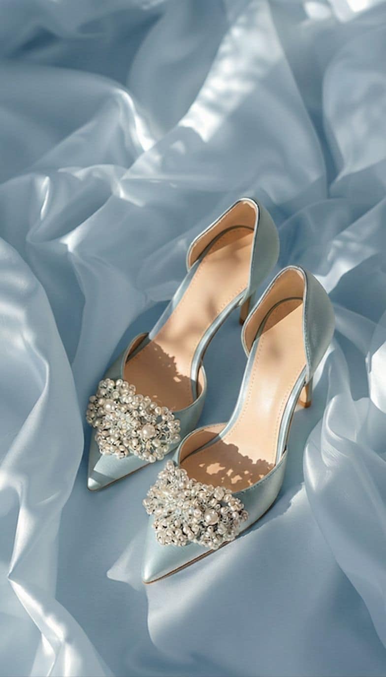 Eisblaue Brautschuhe mit Perlen