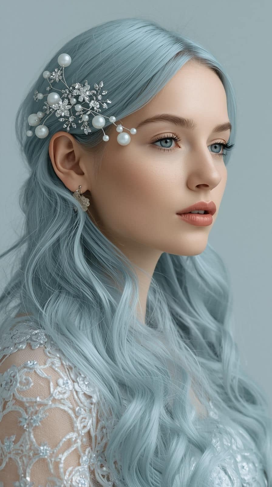 Eisblaue Frisur mit Accessoires