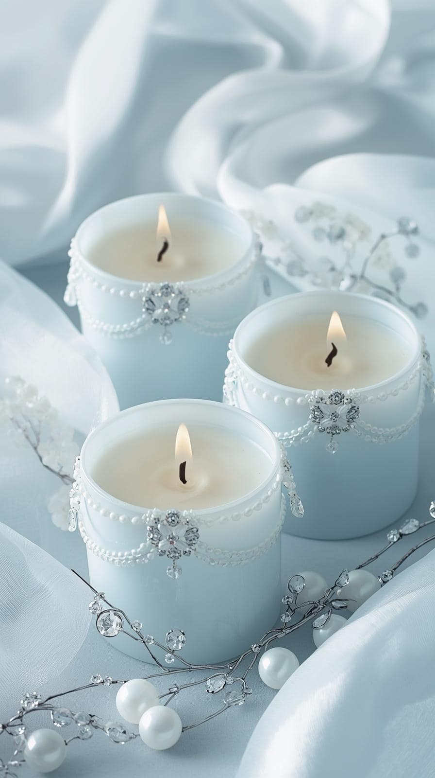 Kerzenglasdetail einer eisblauen Hochzeit