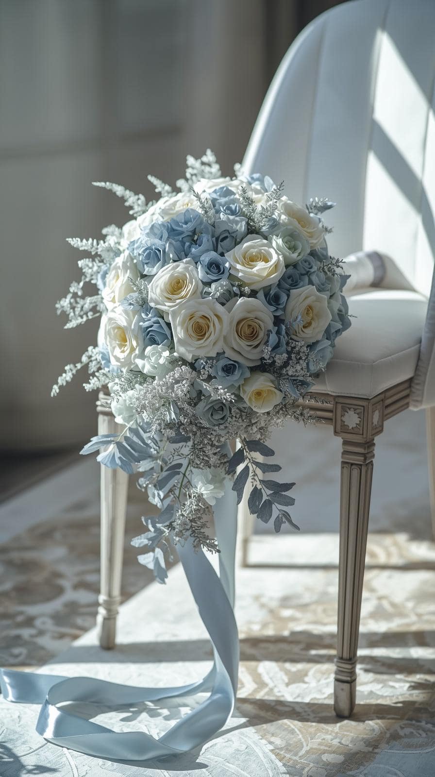 Eisblaues Blumenbouquet auf einem Stuhl