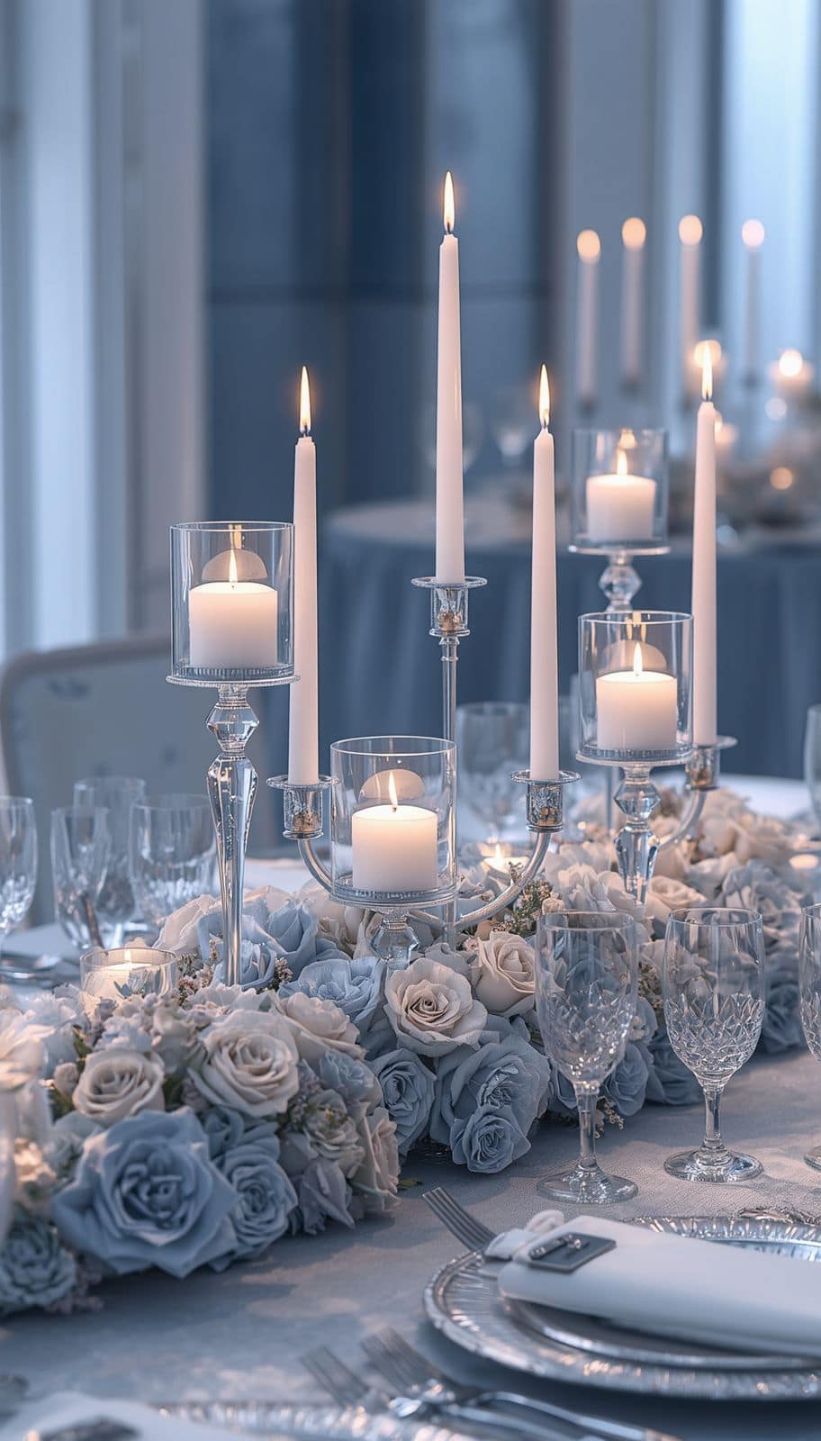 Romantische Tischdekoration für eine eisblaue Hochzeit